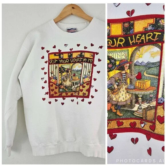 VTG 90s Hanes Sz M Mary Engelbreit Put Your Heart In It Sweatshirt Valentine Luv - Picture 2 of 13